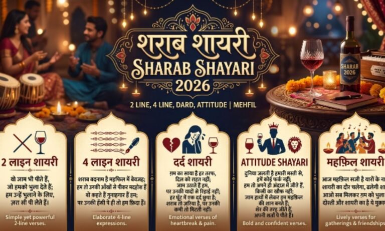 Explore शराब शायरी 2026 | 2 लाइन, 4 लाइन, दर्द, एटीट्यूड और महफिल शायरी